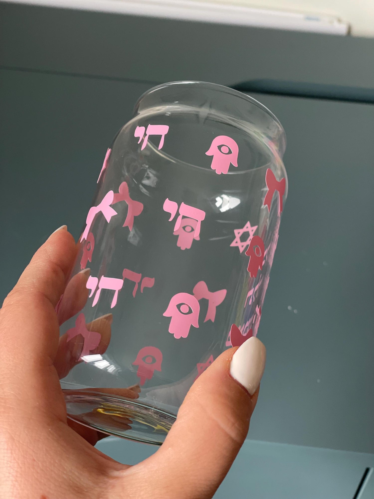 Pink Jewish Glass Can Cup | Hebrew Faith Design, Star of David, Bows