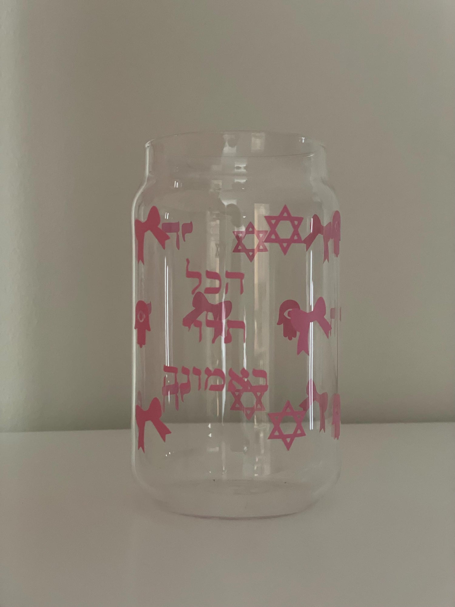Pink Jewish Glass Can Cup | Hebrew Faith Design, Star of David, Bows