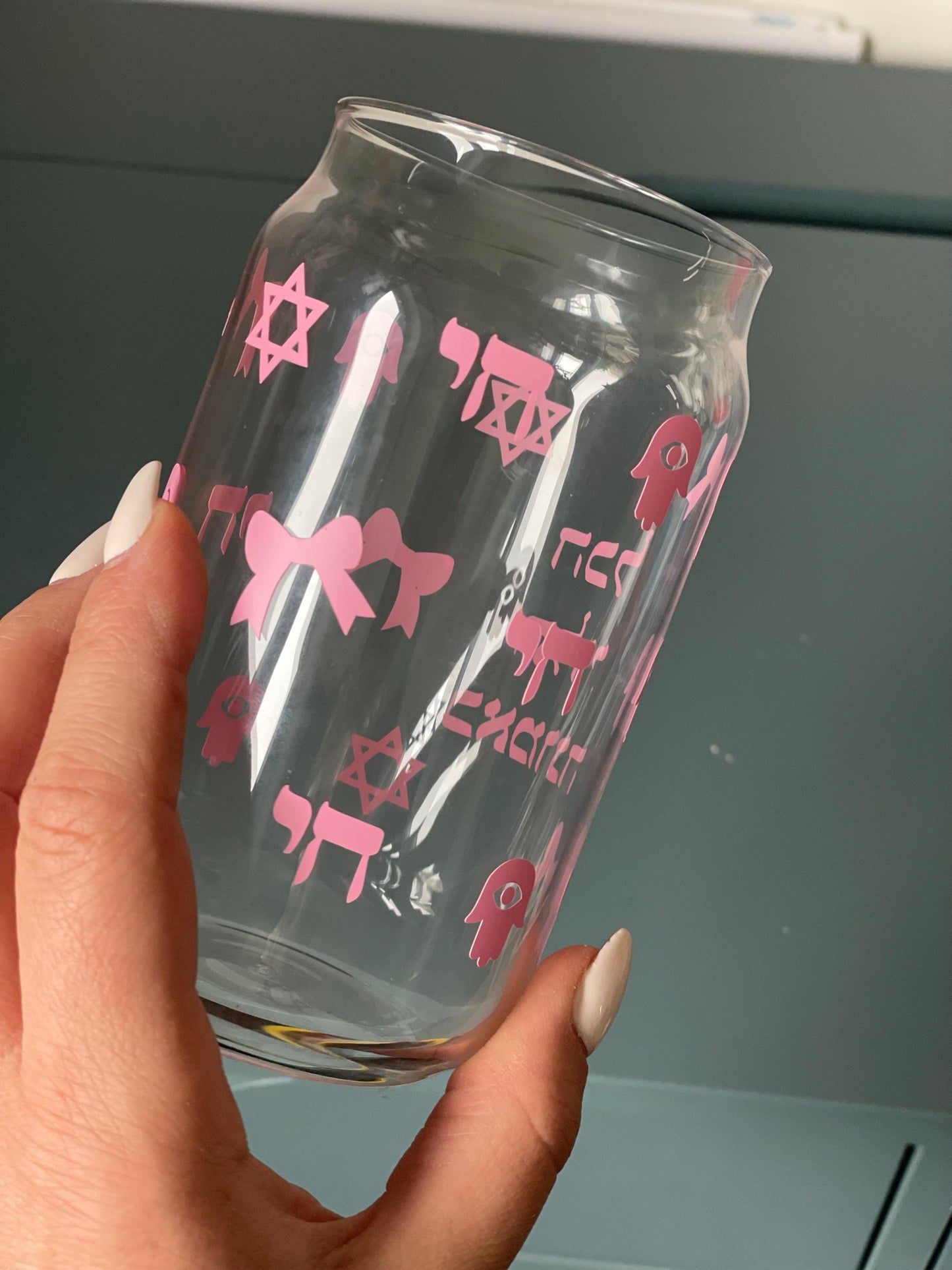 Pink Jewish Glass Can Cup | Hebrew Faith Design, Star of David, Bows