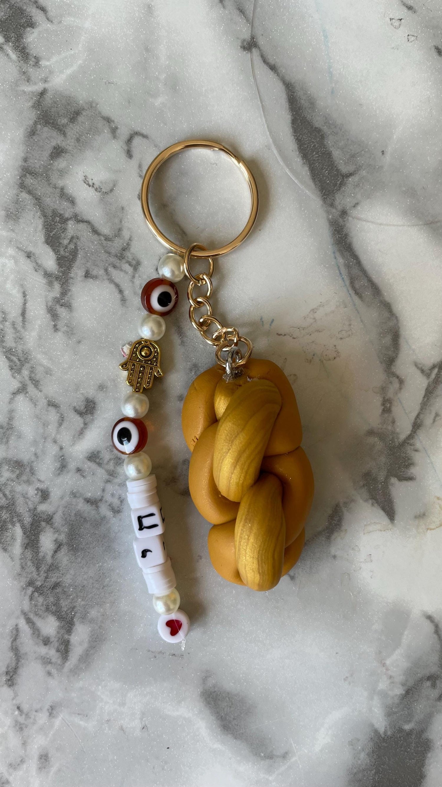 Challah Bread Keychain | Chai Hebrew Life Symbol | Judaica Accessory, Evil Eye Hamsa Charm