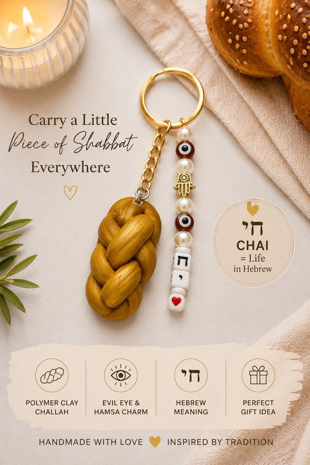 Challah Bread Keychain | Chai Hebrew Life Symbol | Judaica Accessory, Evil Eye Hamsa Charm