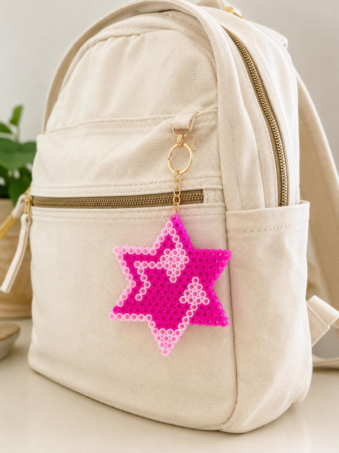 Large Pink Perler Bead Magen David Charm | Rose Gold Judaica Bag Accessory