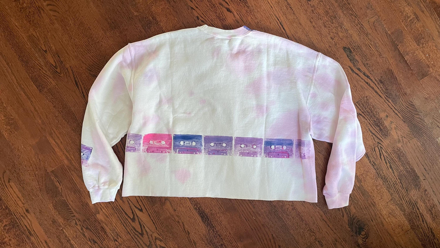 Hand-Painted Cassette Tape Cropped Sweatshirt | Pink Tie-Dye 90s Music Apparel
