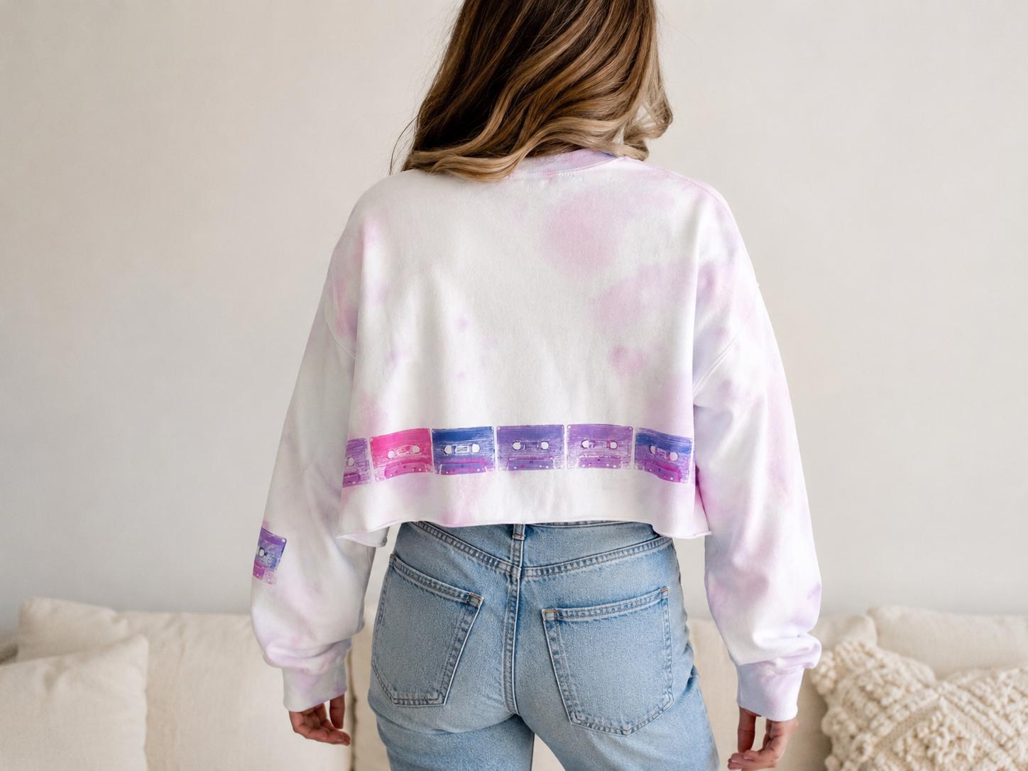 Hand-Painted Cassette Tape Cropped Sweatshirt | Pink Tie-Dye 90s Music Apparel