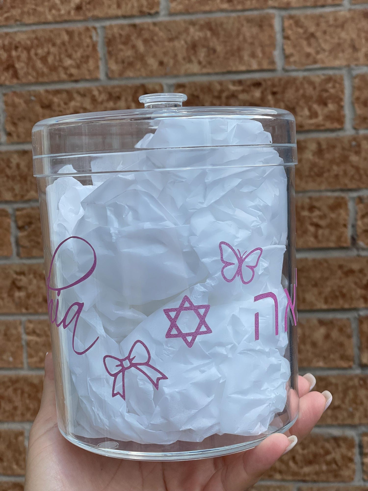 Personalized Acrylic Bow Box | Hebrew-English Name Organizer, Jewish Baby Gift, Keepsake