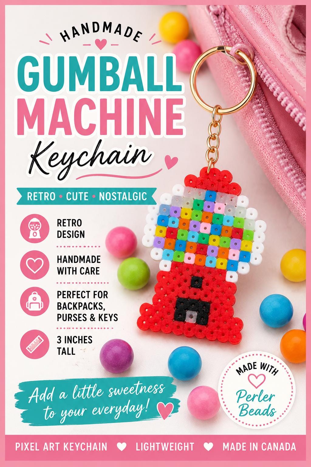 Perler Bead Gumball Machine Keychain | Retro Pixel Art Bag Charm (3" Tall)