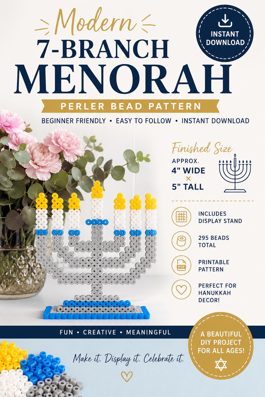 Perler Bead Menorah Pattern | DIY Hanukkah Craft for Kids (PDF Download)
