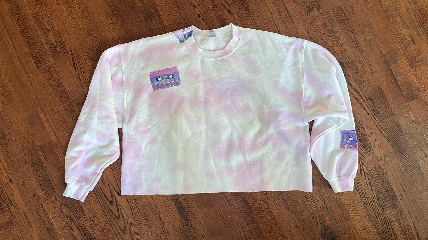 Hand-Painted Cassette Tape Cropped Sweatshirt | Pink Tie-Dye 90s Music Apparel