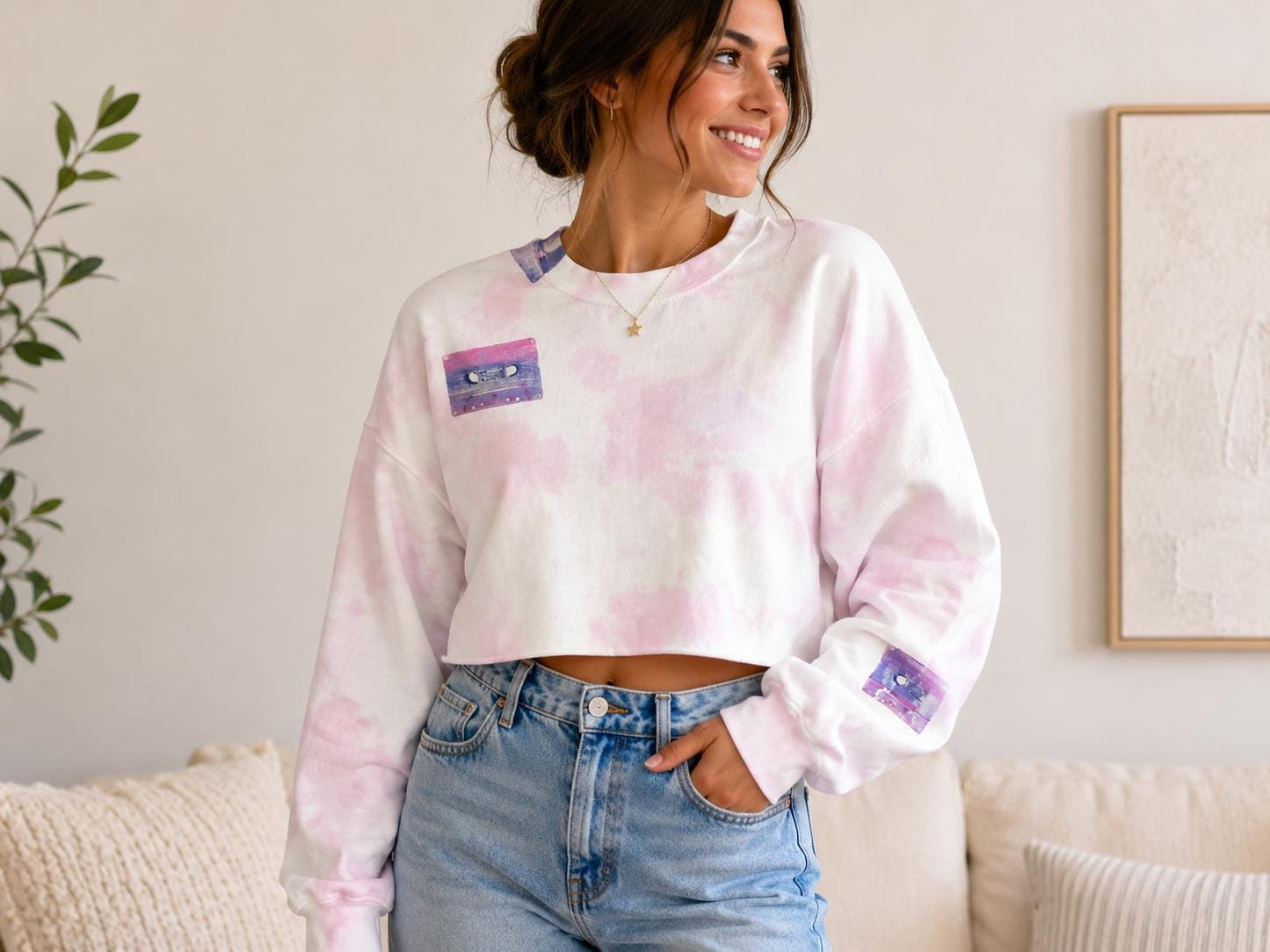 Hand-Painted Cassette Tape Cropped Sweatshirt | Pink Tie-Dye 90s Music Apparel