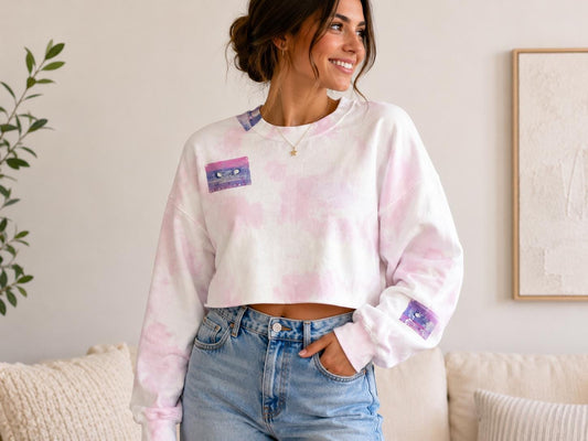 Hand-Painted Cassette Tape Cropped Sweatshirt | Pink Tie-Dye 90s Music Apparel