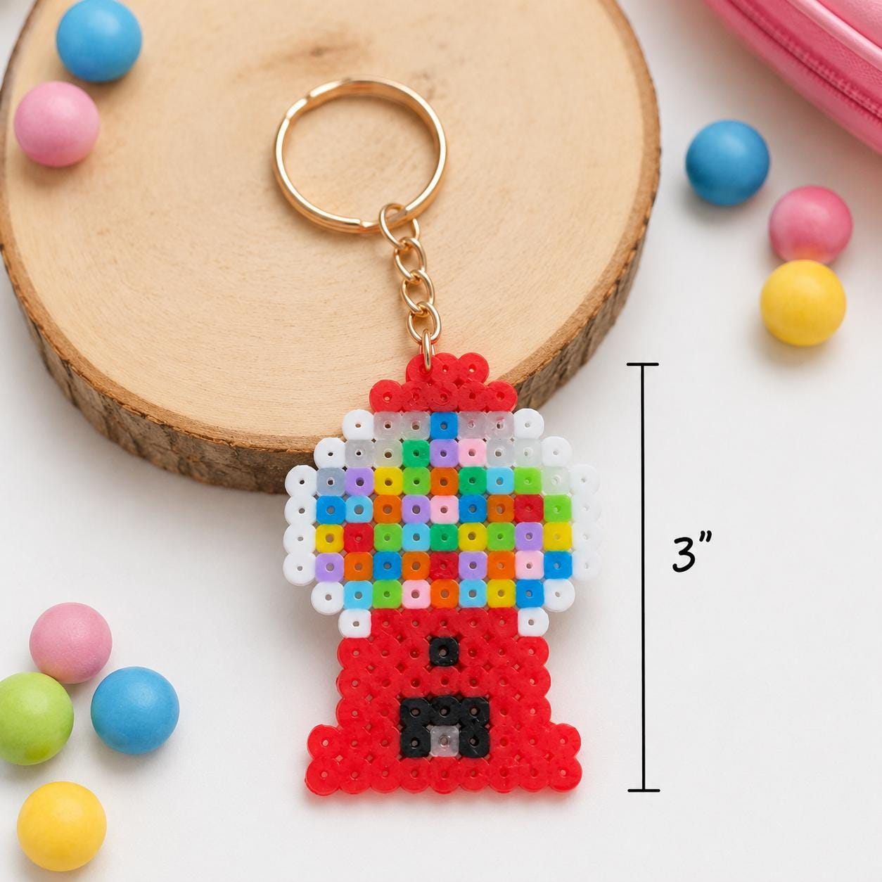 Perler Bead Gumball Machine Keychain | Retro Pixel Art Bag Charm (3" Tall)