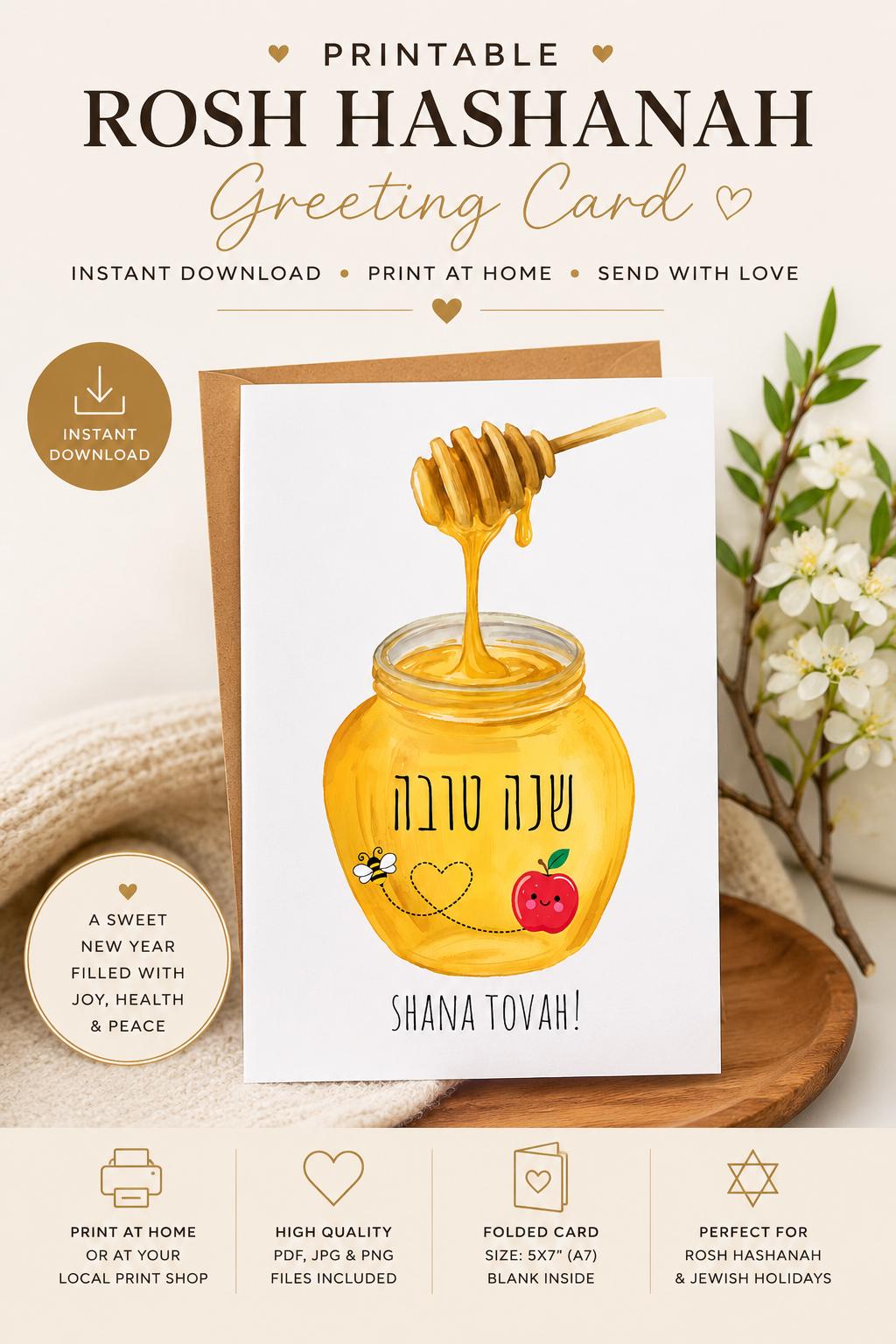 Printable Rosh Hashanah Card | Shana Tovah Greeting Card | Jewish New Year Card | Hebrew Honey Jar Card | DIY Printable