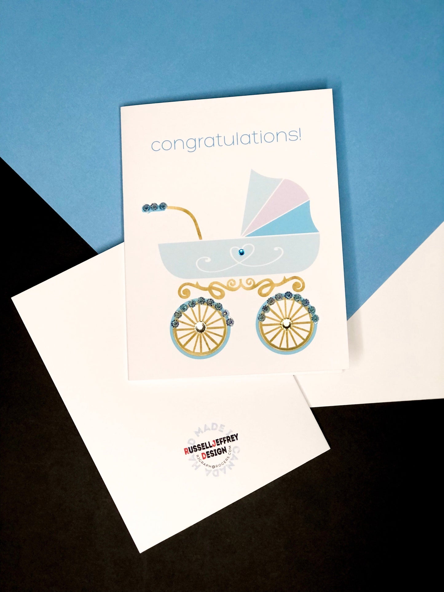 Congratulations! Blue Stroller Baby Greeting Card