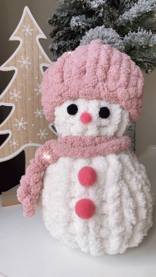 Cozy Chenille Snowman with Blush Pink Hat - Handmade Snowgirl