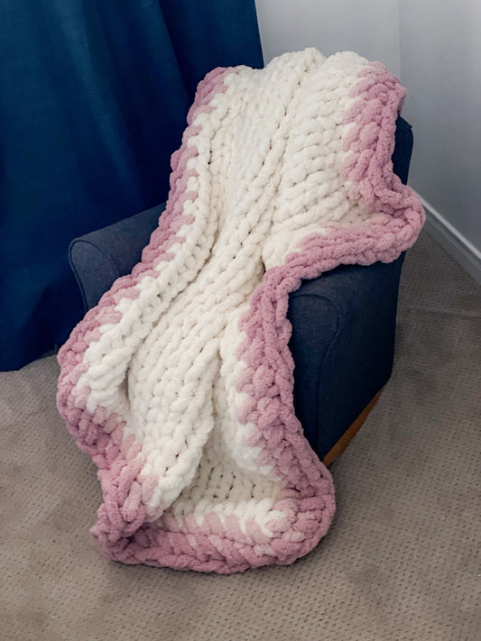Healing Hand, Chunky Knit Baby Blankets - White with Two-Tone Pink Edge