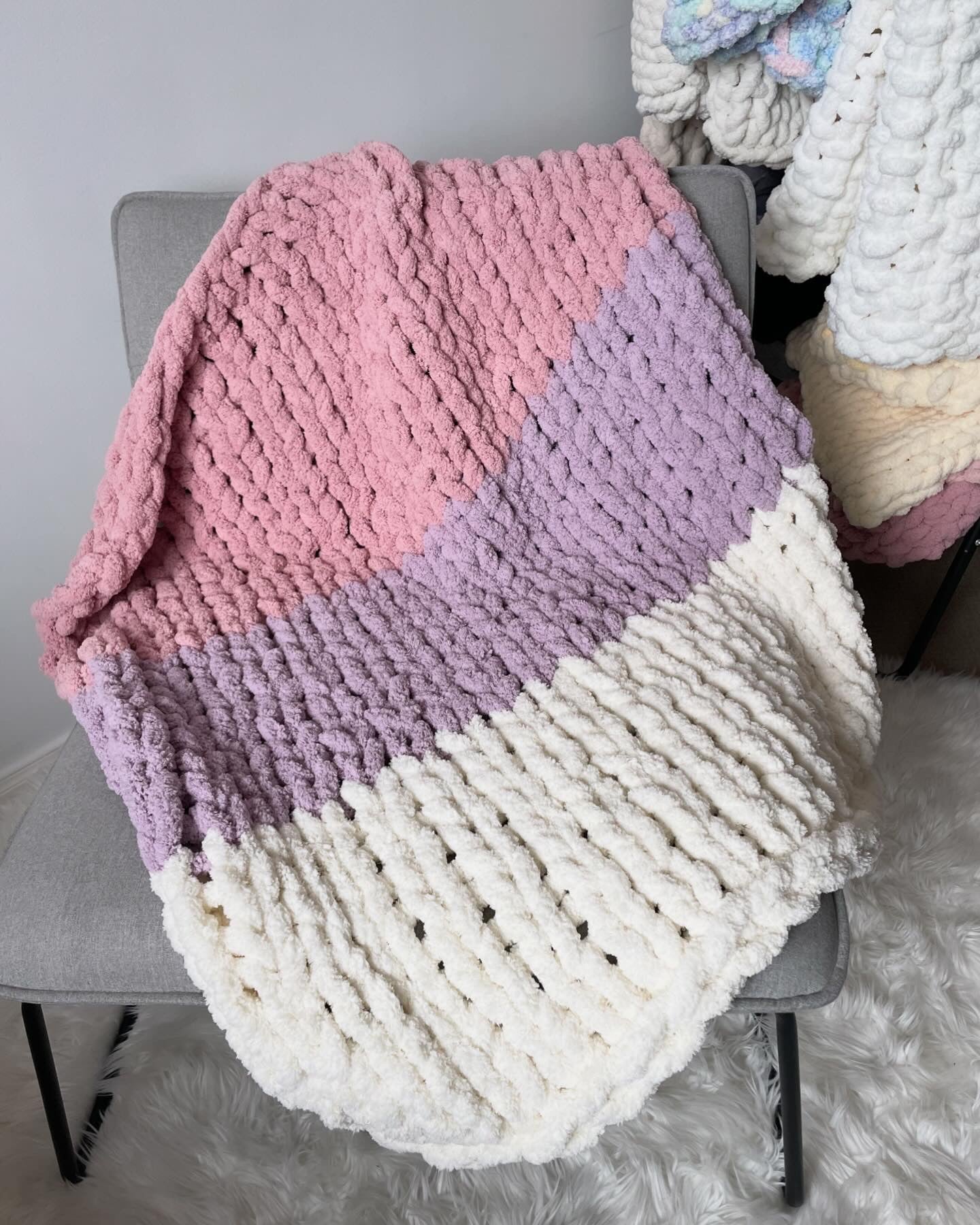 Healing Hand, Chunky Knit Baby Blankets - White, Blush Pink and Light Purple