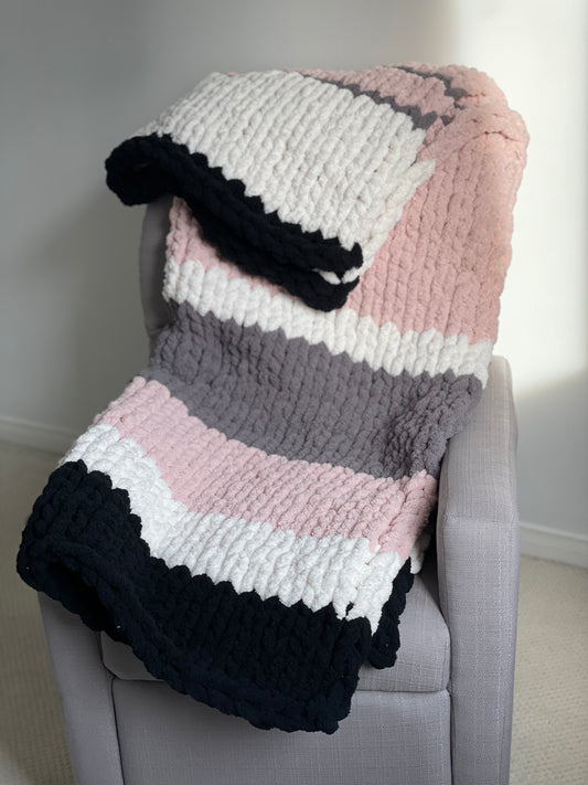 Healing Hand Knit, Chunky Knit Blankets Soft Pink, Dark Grey, White and Black Stripe