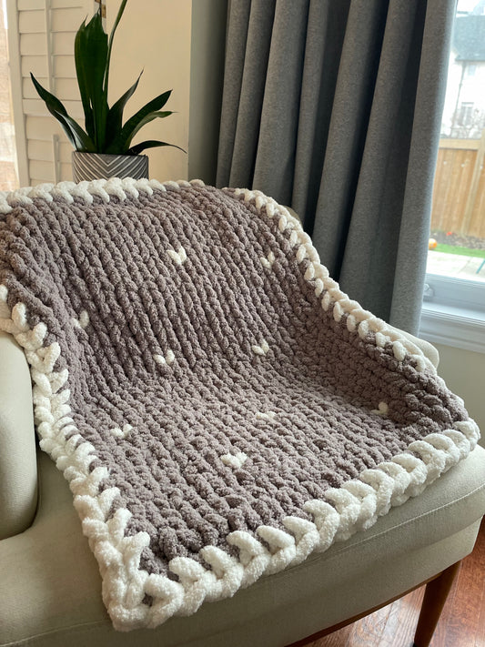 Healing Hand knit , Chunky Knit Baby Blankets - Taupe Grey with White hearts and a White edge