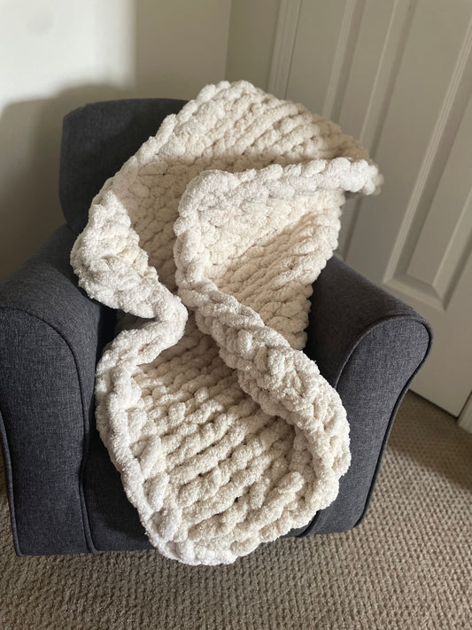 Healing Hand, Chunky Knit Stroller Baby Blanket - Oatmeal with Ivory Boarder