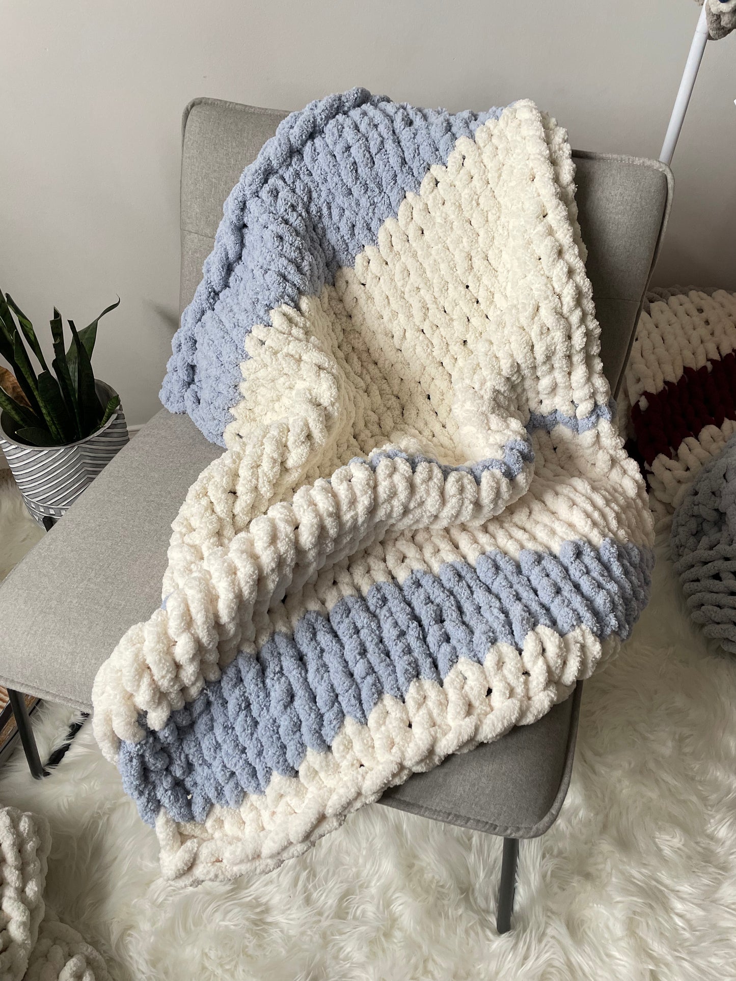 Healing Hand, Chunky Knit Baby Blankets - White with Baby Blue Stripe