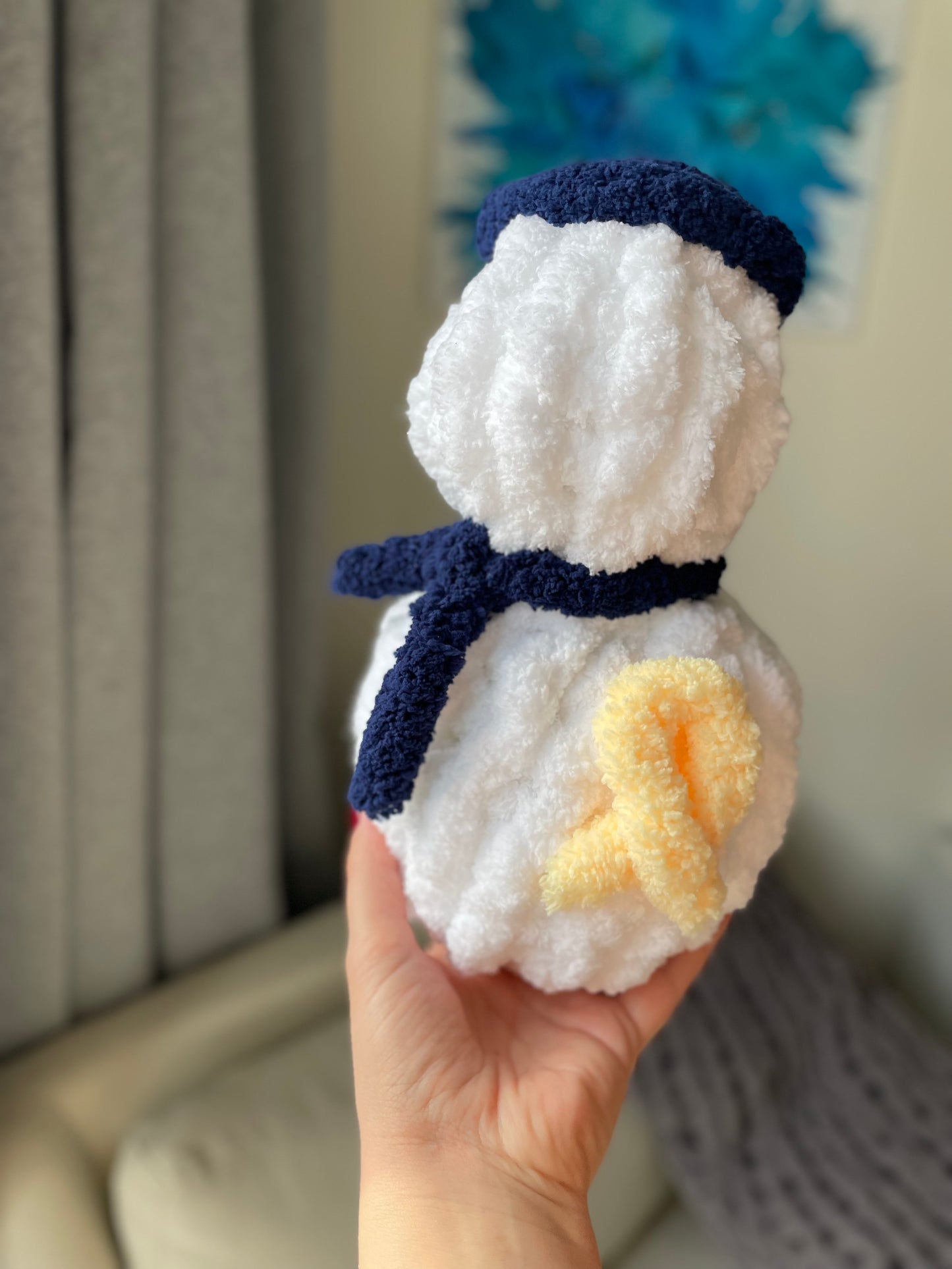 A Heartfelt Embrace: Chunky Knit Snowman with Kippah and Yellow Ribbon – A Symbol of Hope and Comfort