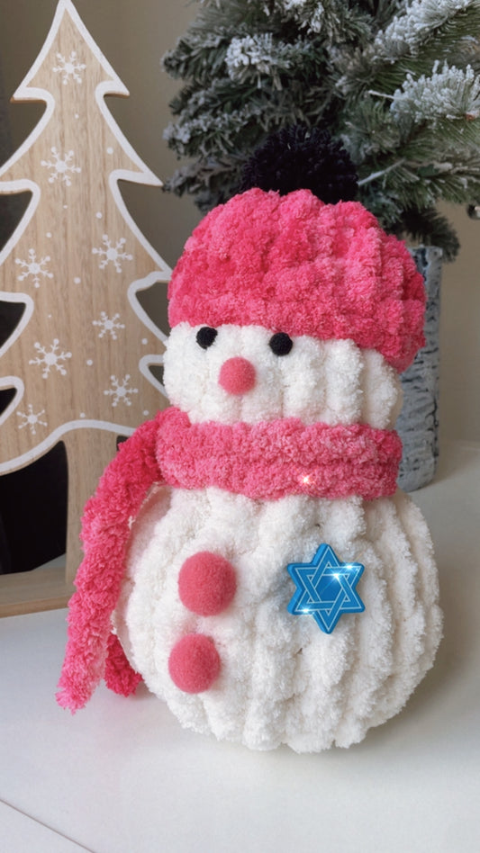 Cozy Chenille Snowman with Hot Pink Hat - Handmade Snowgirl