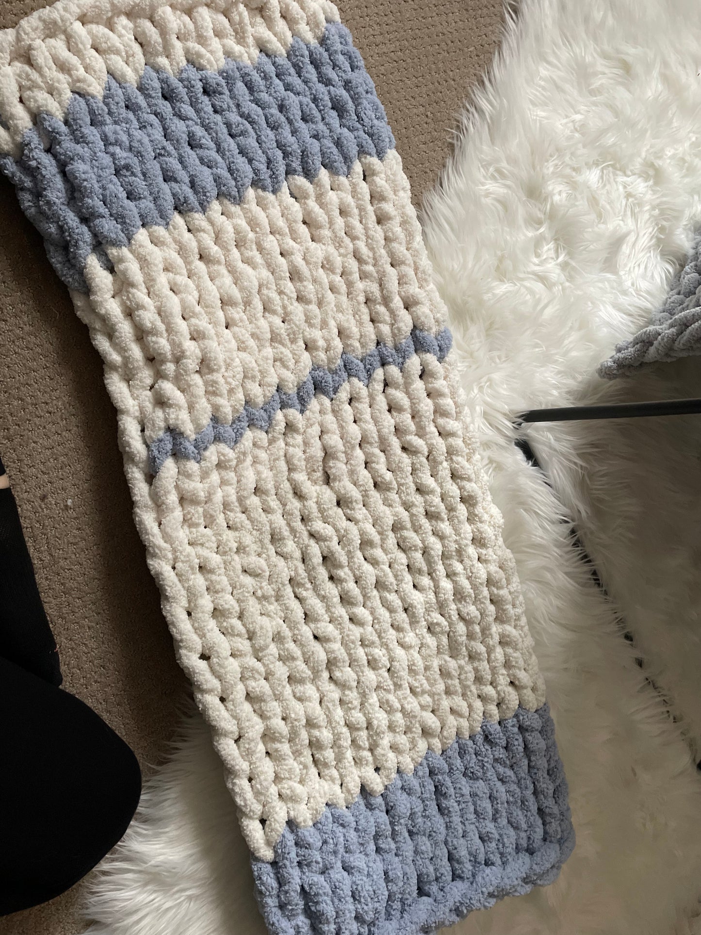 Healing Hand, Chunky Knit Baby Blankets - White with Baby Blue Stripe