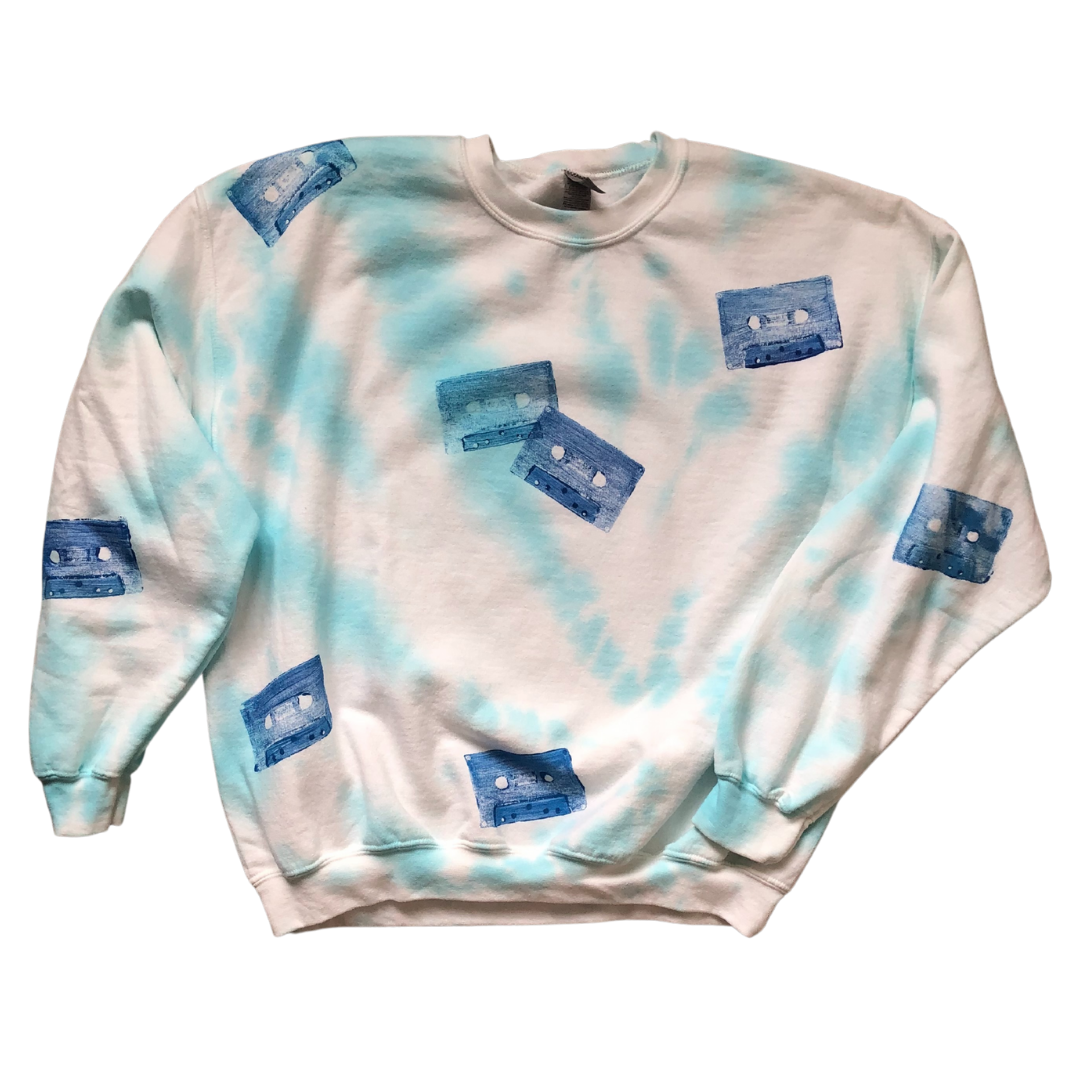 Blue Cassette & Pale Blue (Bottom Swirl) Tie-Dyed Pullover Sweatshirt - Adult XL (10)