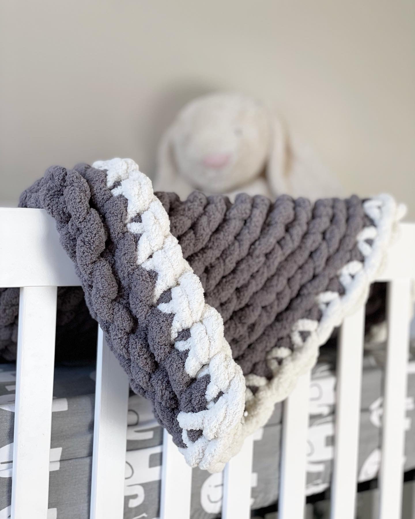 Healing Hand, Chunky Knit Baby Blankets - Stormy Grey with White Edge