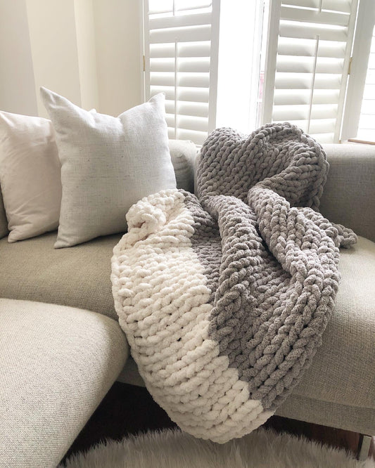 Healing Hand, Chunky Knit Blankets Light Grey with One White on one side