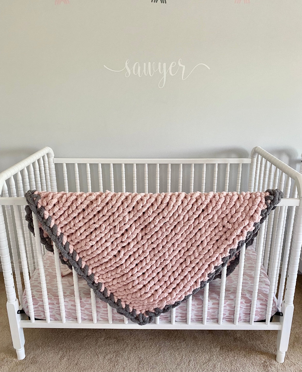 Healing Hand, Chunky Knit Baby Blankets - Light Pink with Dark Grey Edge