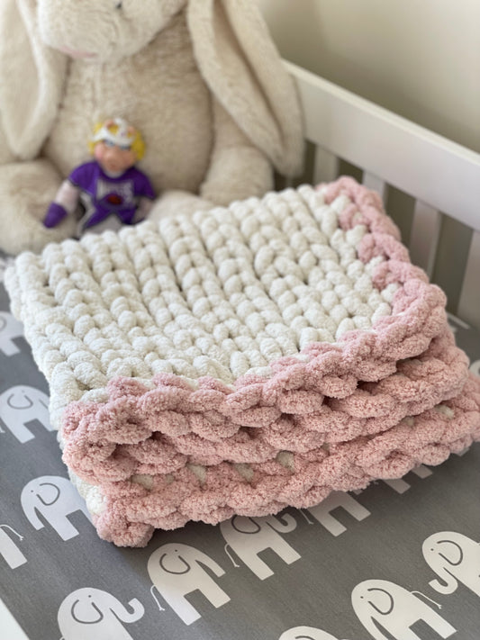 Healing Hand, Chunky Knit Baby Blankets - White with Soft Pink Edge