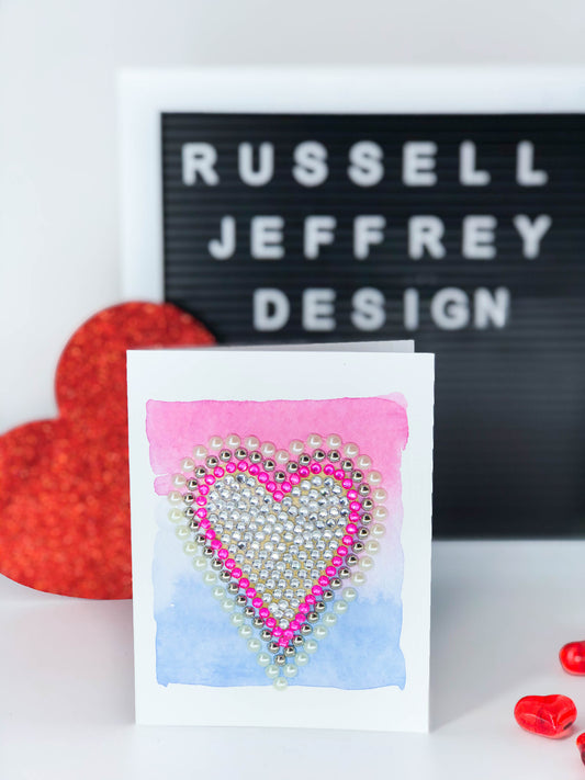 Valentine's Day Greeting Card Heart Card on Pink White and Blue Water Colour