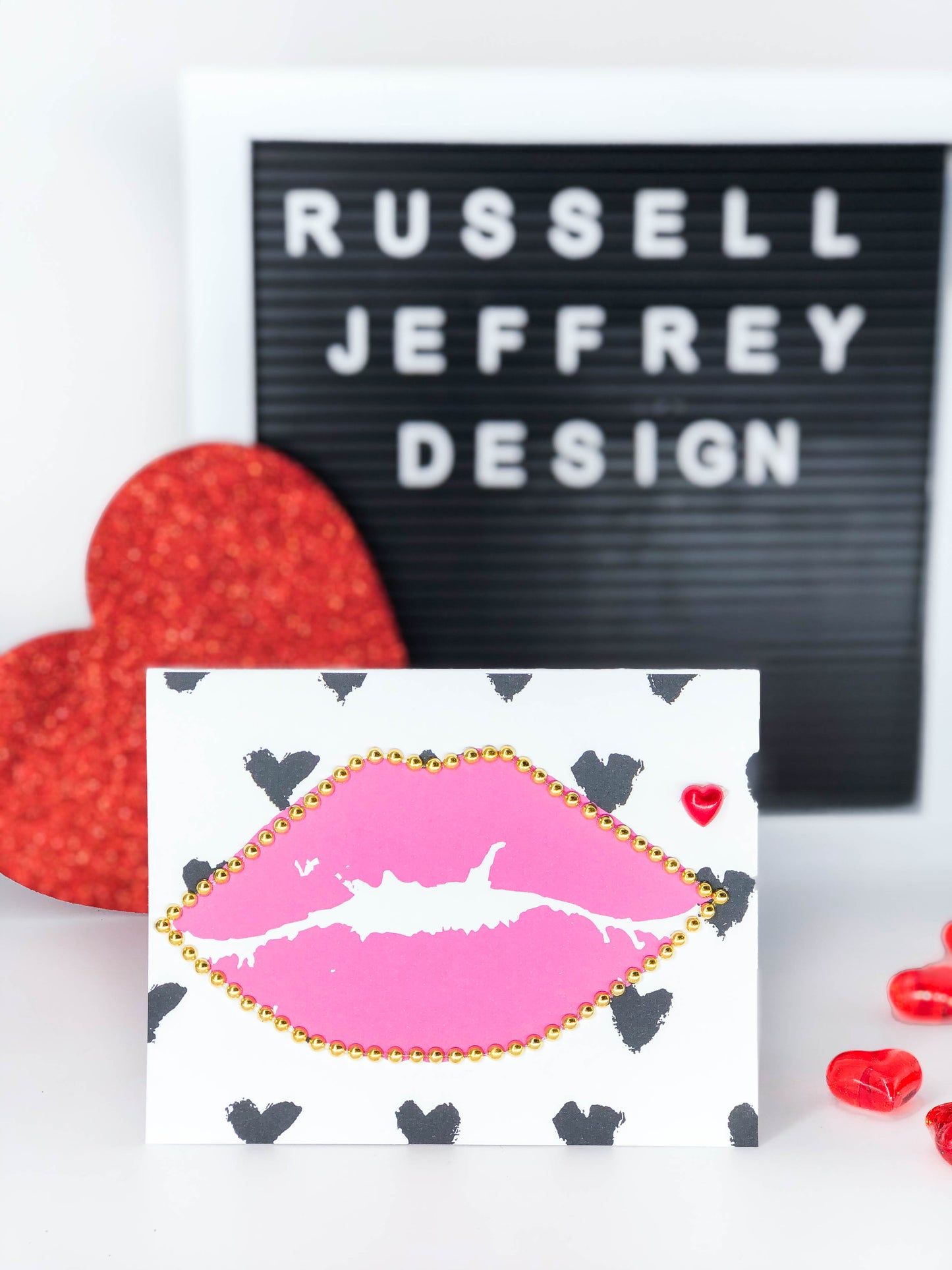 Valentine's Day Greeting Card Pink Lips with Black Hearts