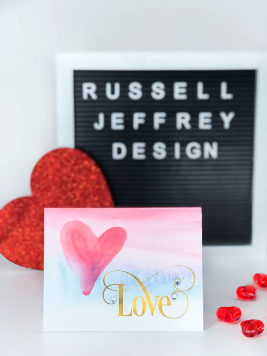 Valentine's Day Greeting Card Love with Heart on Pink and Blue Watercolour Background