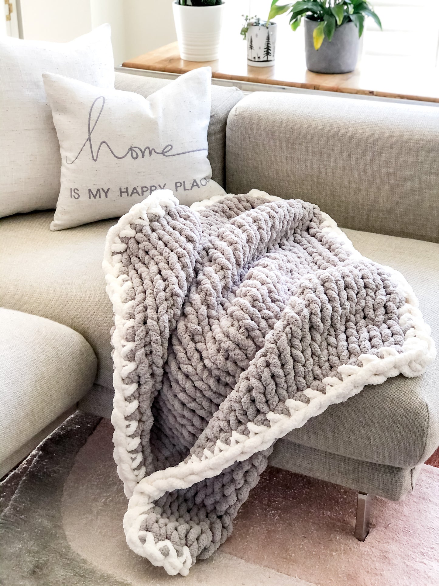 Healing Hand, Chunky Knit Couch Blankets - Sky Grey with White Edge