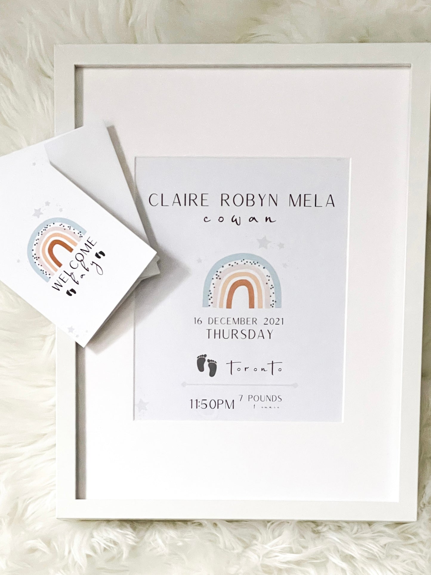 New Baby Announcement, Framed Birth Stats FRAMED Print & Card Combo - Multicolour