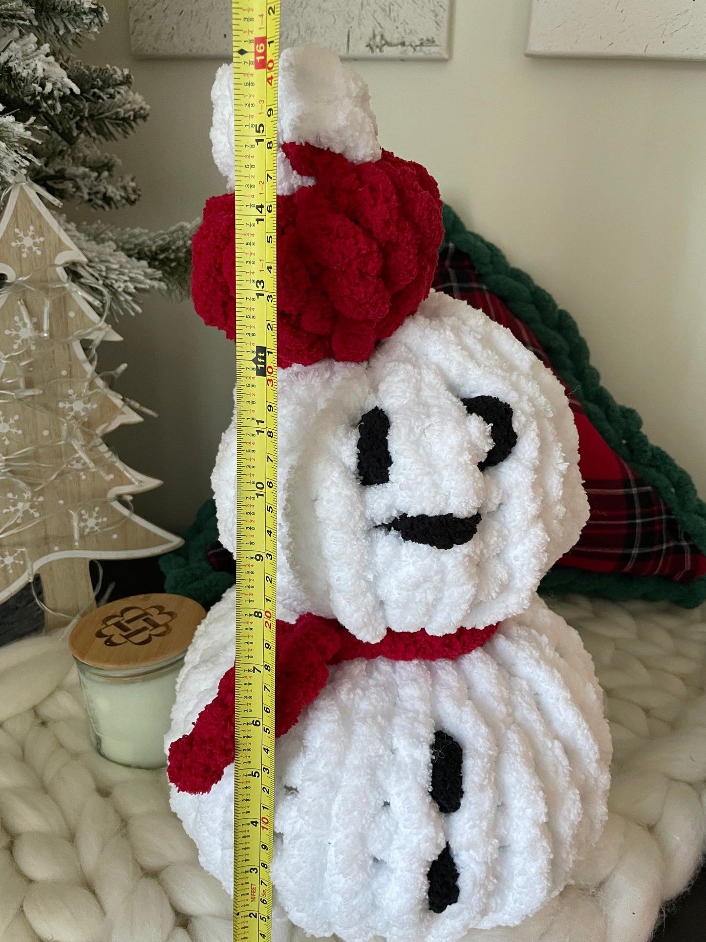 Hand Knit Christmas Snowman White with Red Hat and Scarf