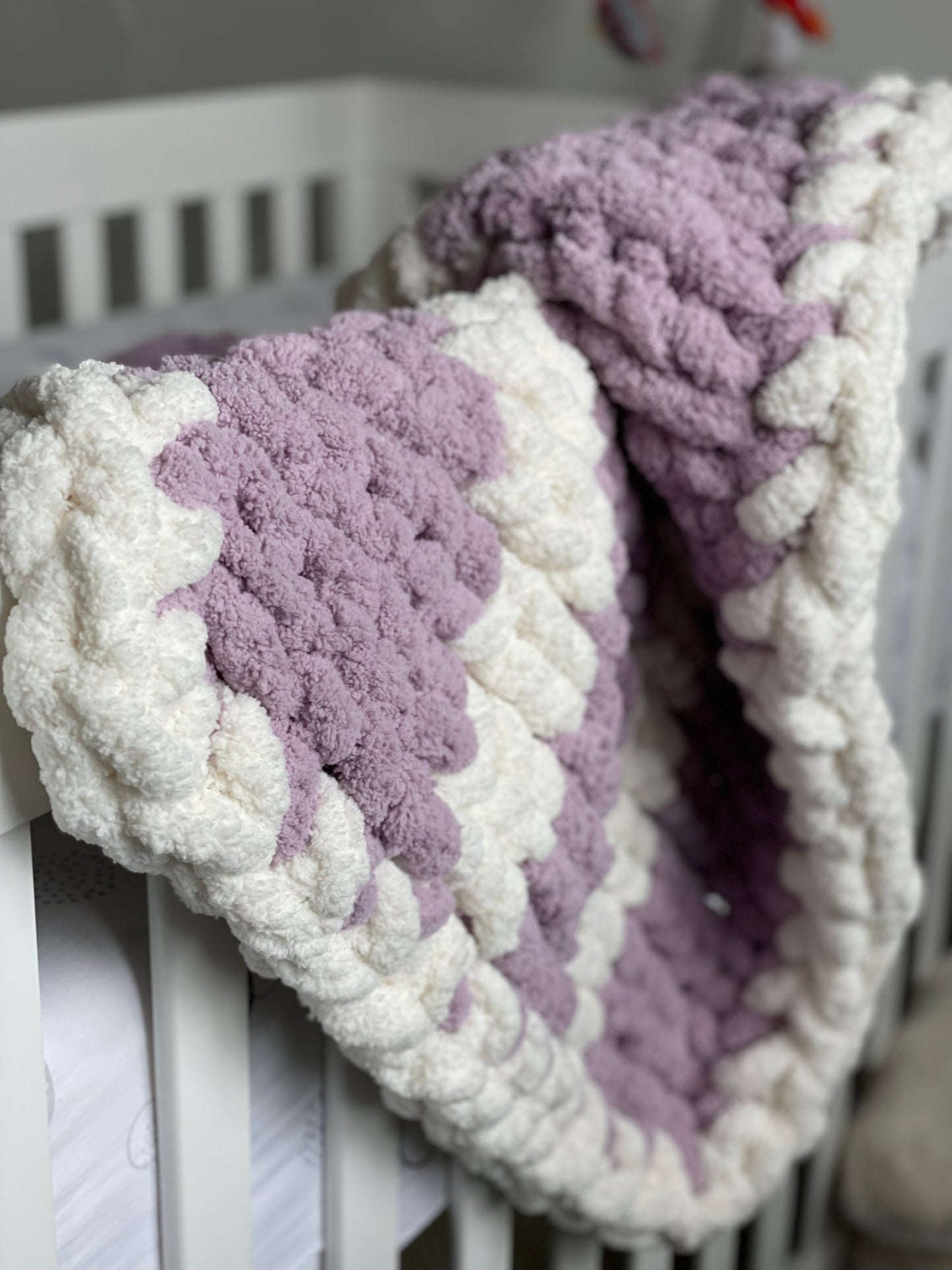 Healing Hand, Chunky Knit Baby Blankets - Lavender Purple & White Stripe with a white edge