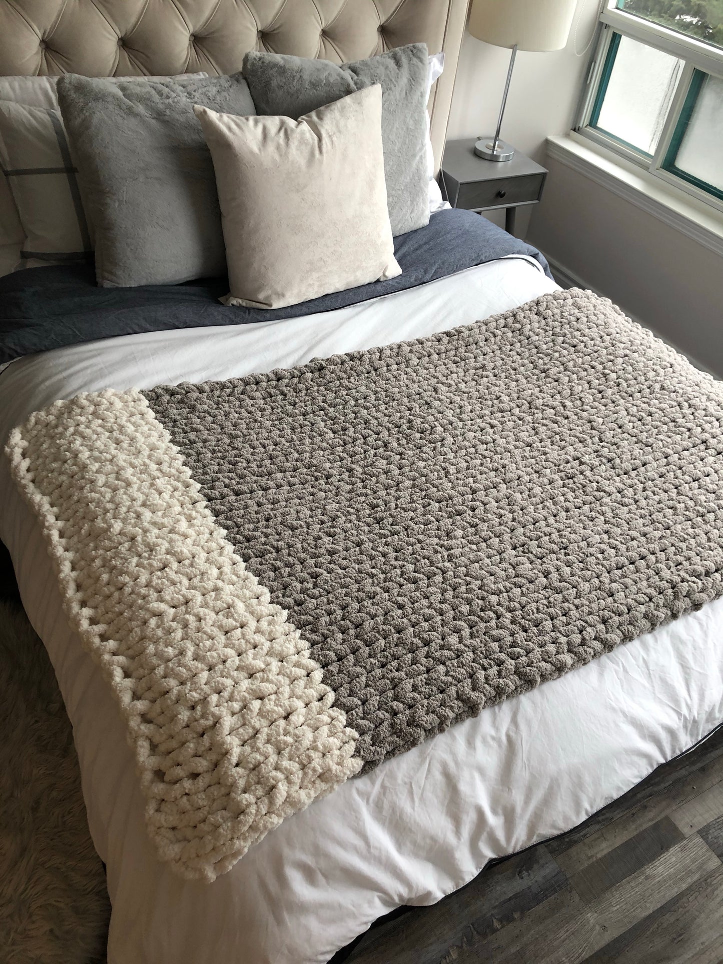 Healing Hand, Chunky Knit Blankets Light Grey with One White on one side