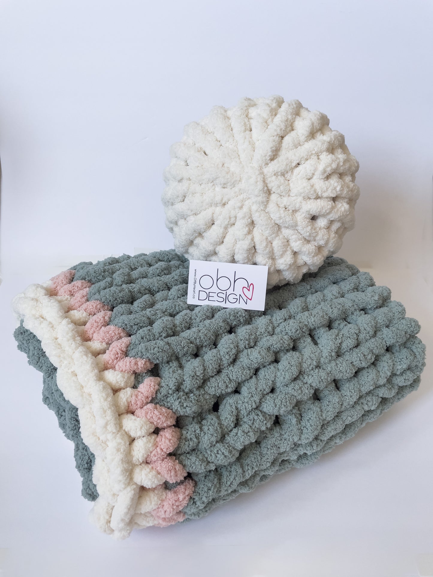Healing Hand, Chunky Knit Baby Blankets - Mint Green with White Pillow Set