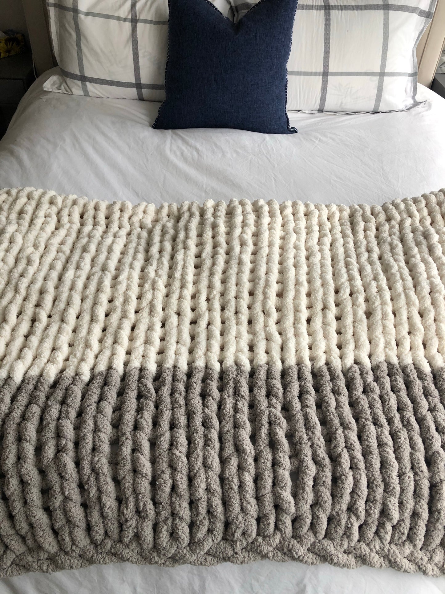 Healing Hand, Chunky Knit Blankets White with Light Grey on one side only