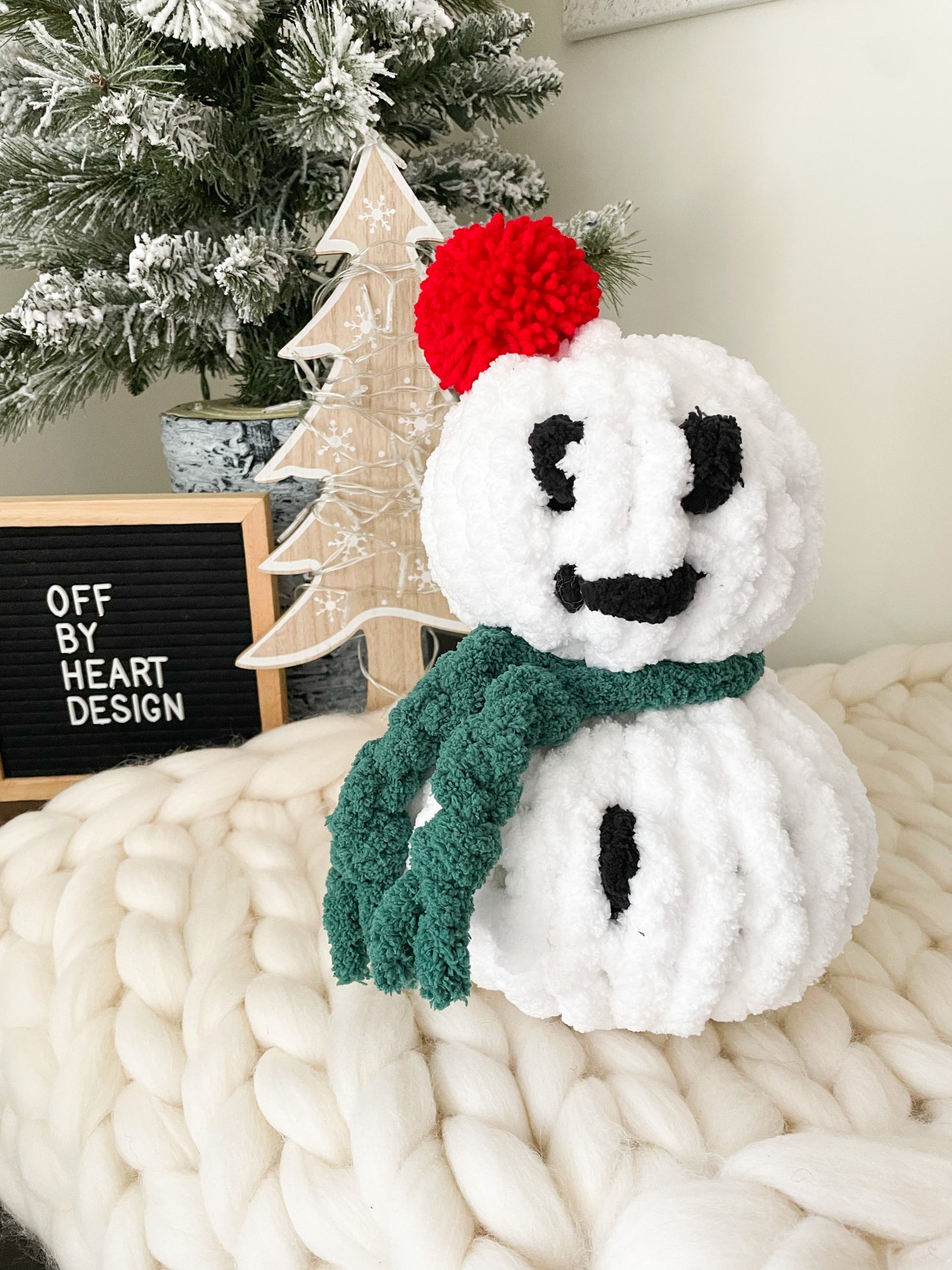 Hand Knit Christmas Snowman White with Red PomPom and Scarf