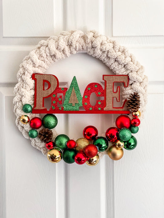 Peace Fluffy Yarn Wreath Oatmeal 14”
