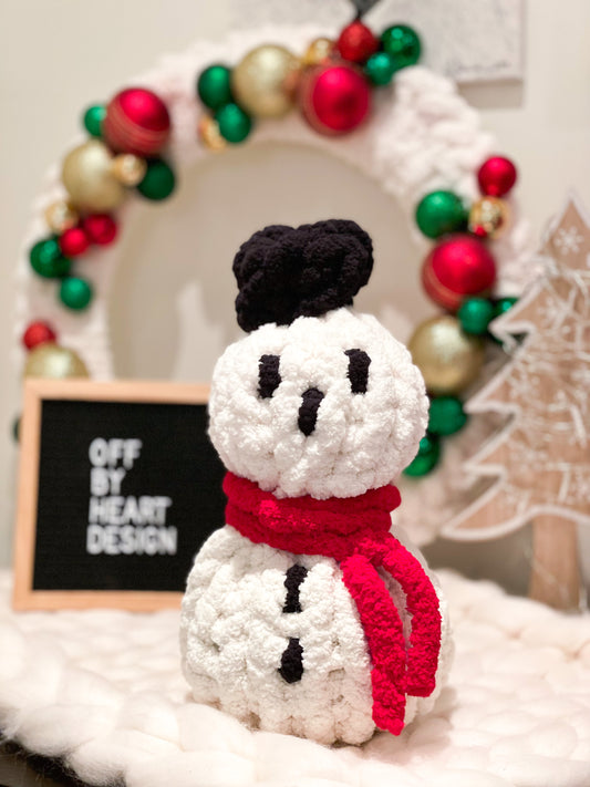 Hand Knit Christmas Snowman White with Black Hat and Red Scarf