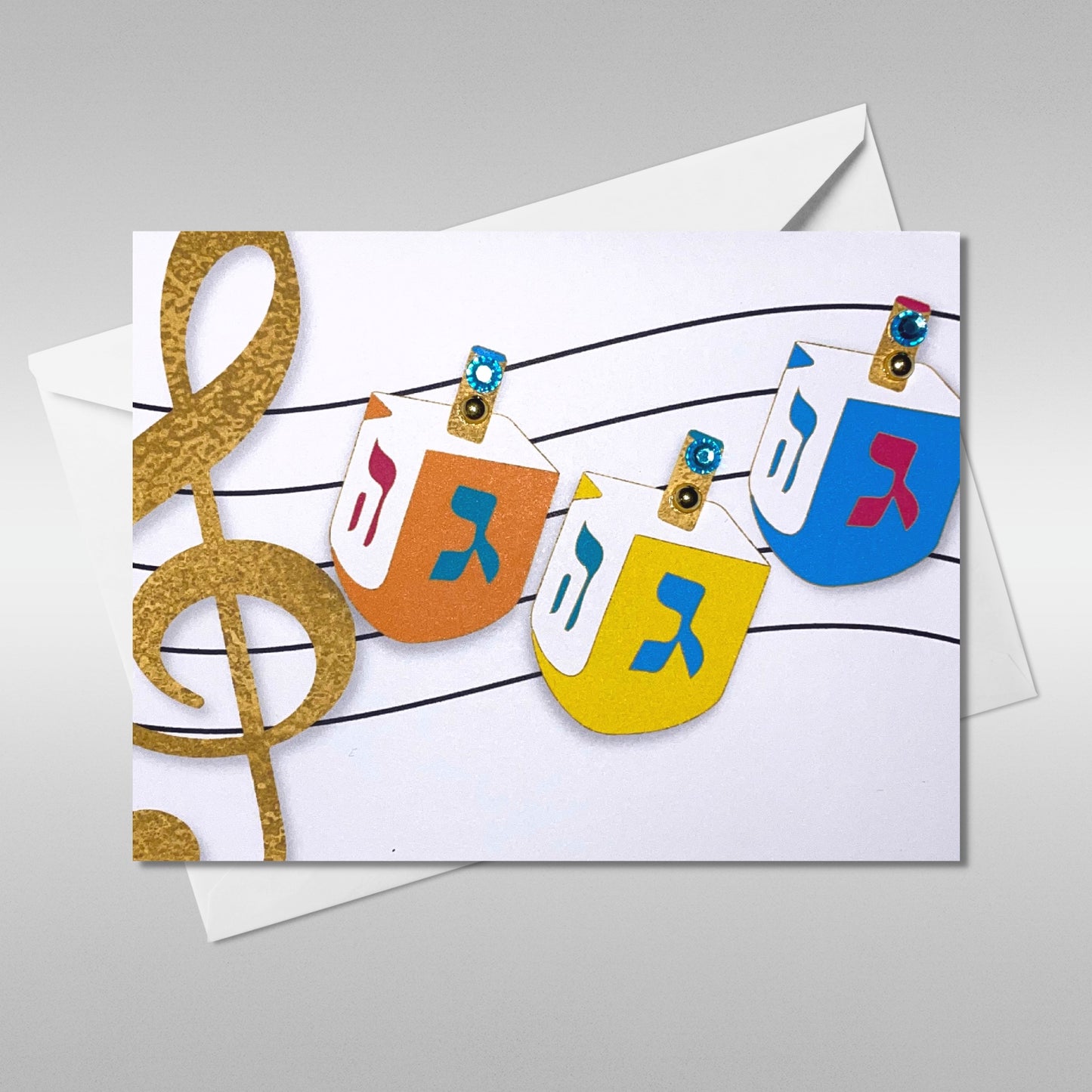 Chanukah Greeting Card - Musical Notes with Dreidels