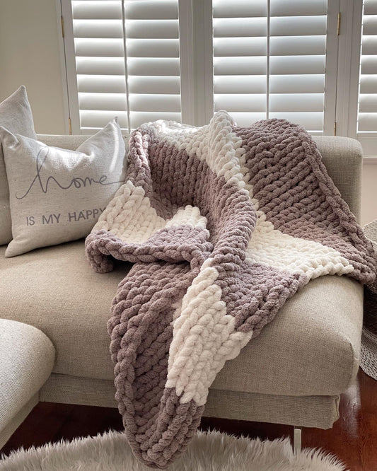 Healing Hand, Chunky Knit Blankets Taupe & White Stripe
