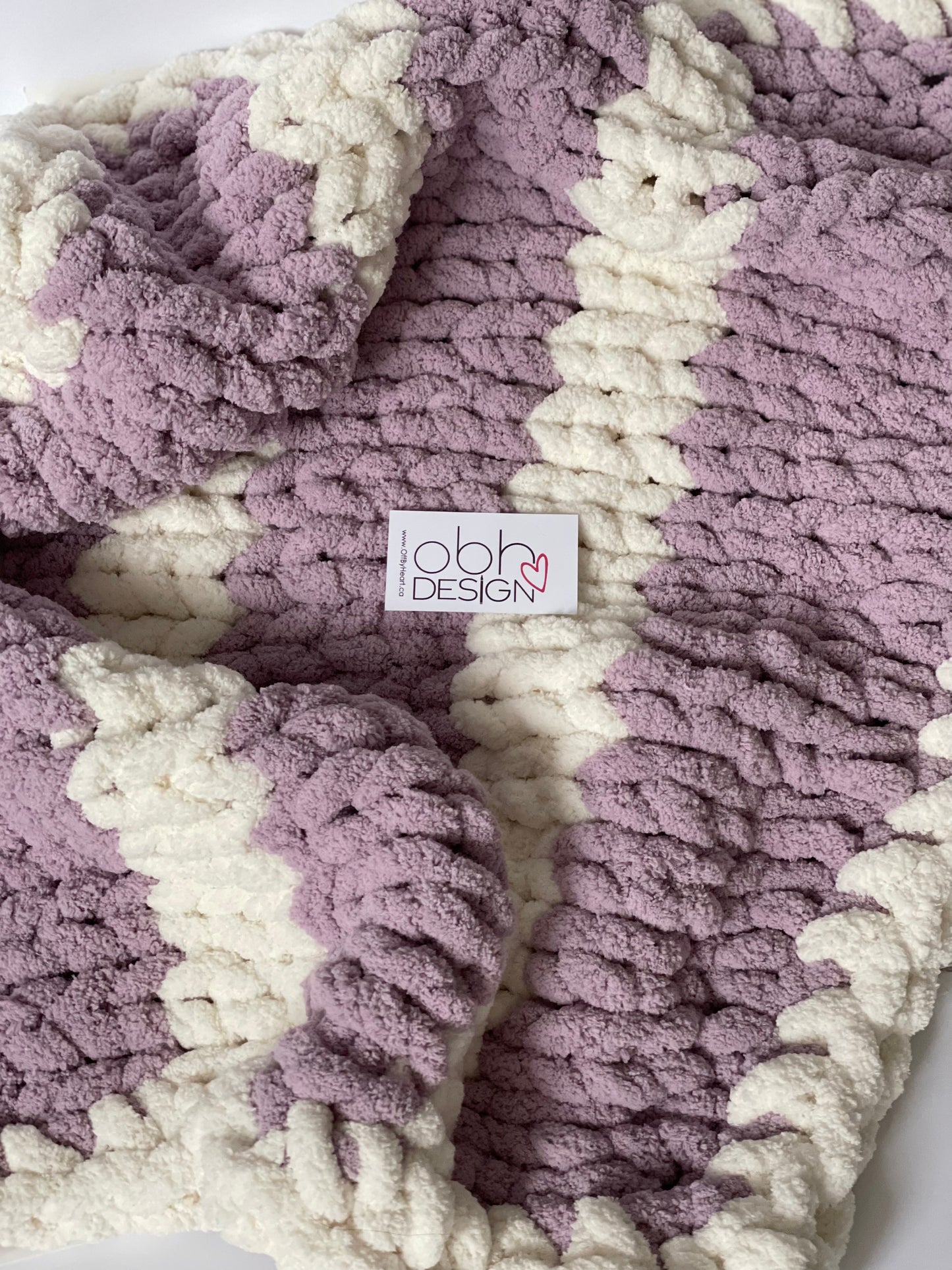 Healing Hand, Chunky Knit Baby Blankets - Lavender Purple & White Stripe with a white edge