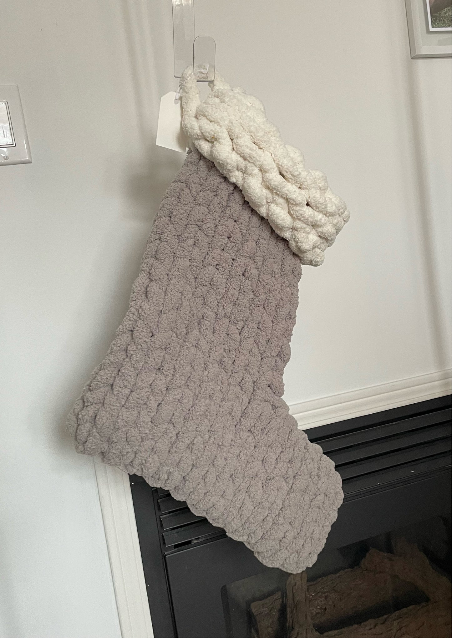 Christmas Handknit Yarn Stocking - Light Grey and white 17”