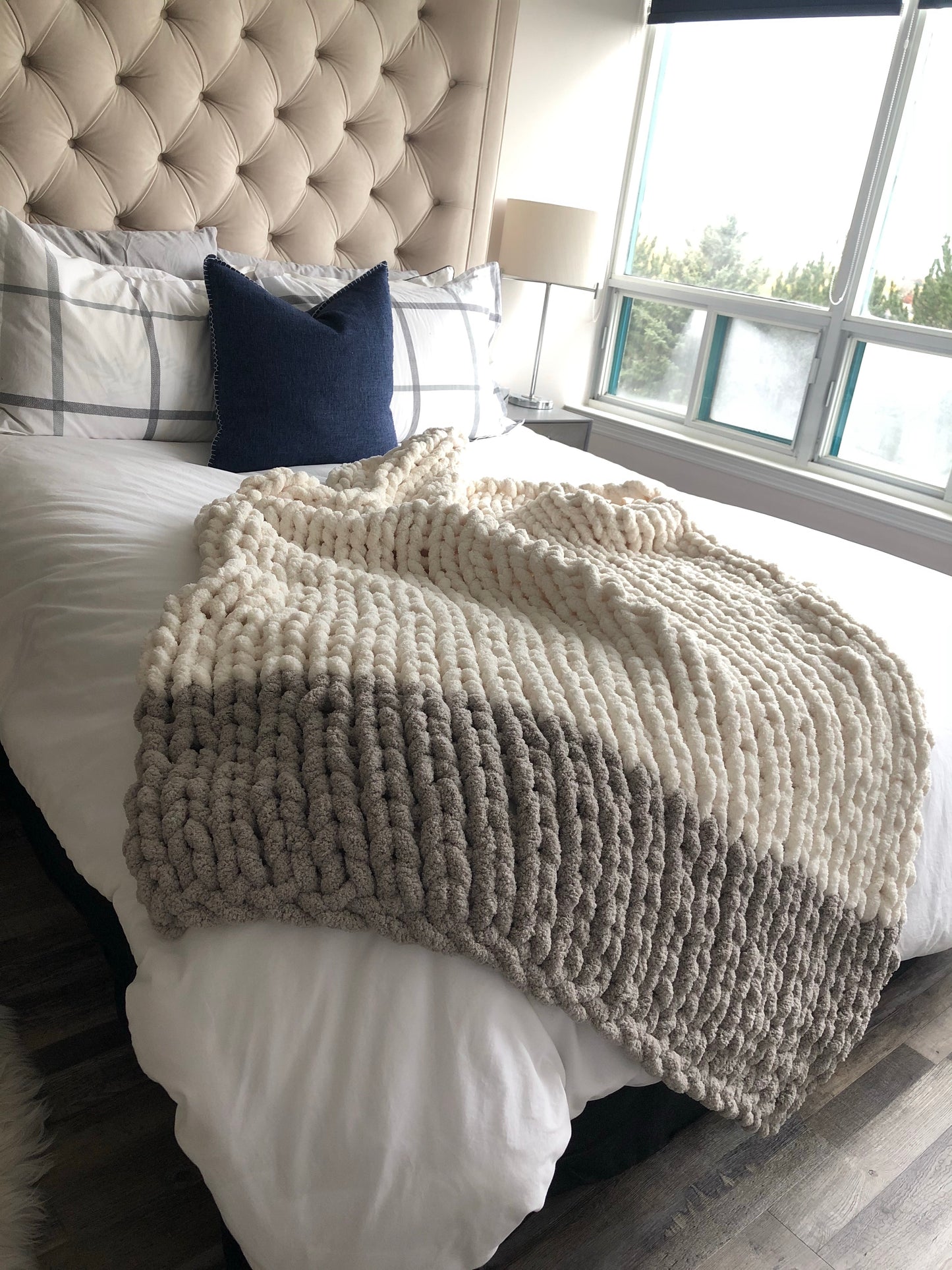Healing Hand, Chunky Knit Blankets White with Light Grey on one side only
